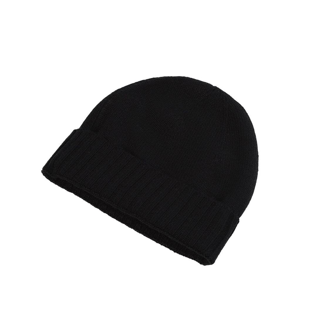 Plain Knit Ladies Beanie Rib Turn Up Black - Dunedin Cashmere