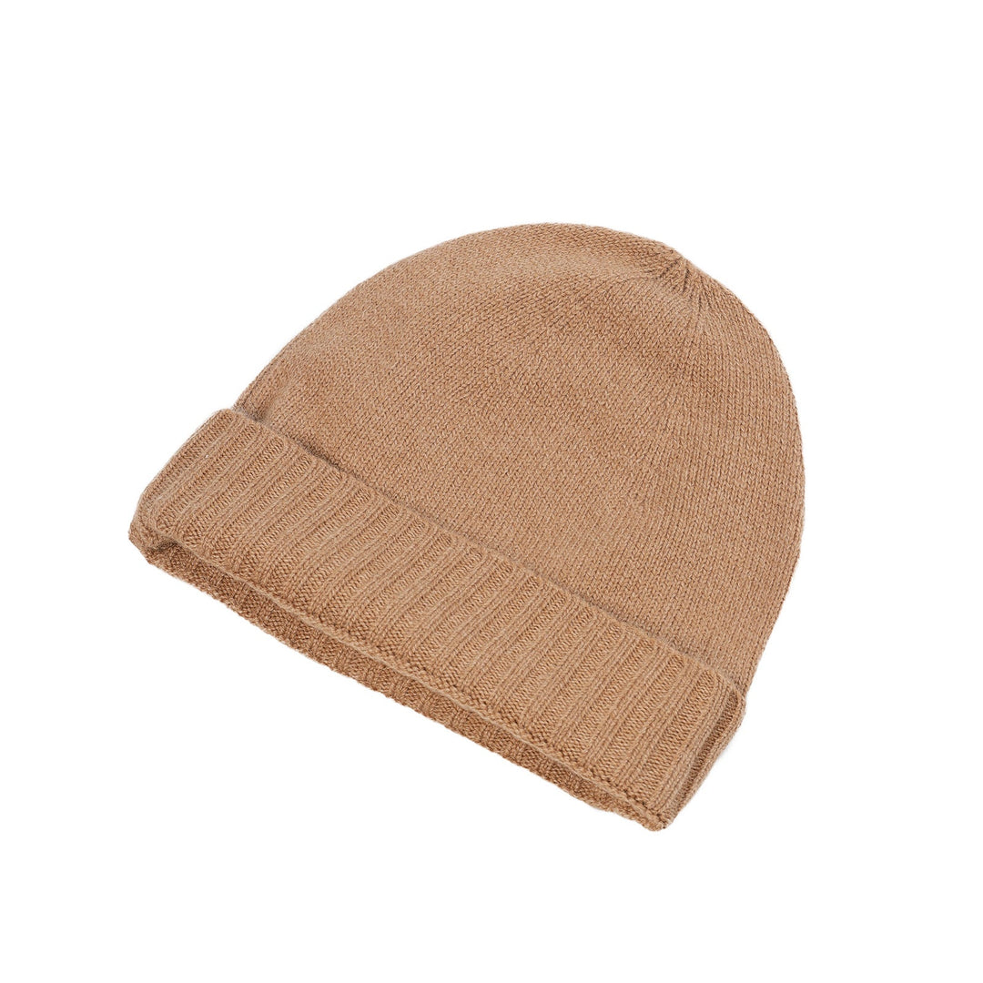 Plain Knit Ladies Beanie Rib Turn Up Camel - Dunedin Cashmere