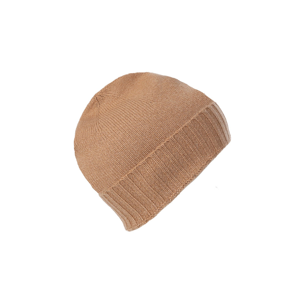 Plain Knit Ladies Beanie Rib Turn Up Camel - Dunedin Cashmere