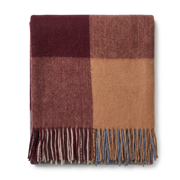 Highland Earth Tone Block Check Recycled Wool Blend Blanket - MULTI MAROON BLUE