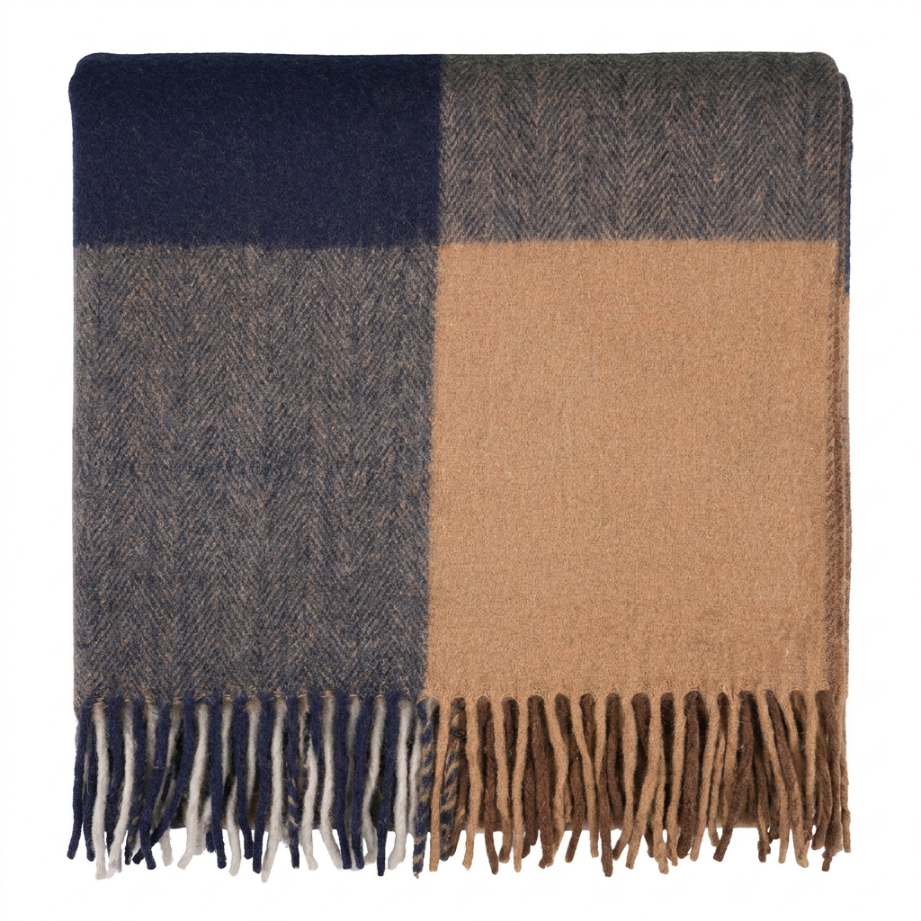 Highland Earth Tone Block Check Recycled Wool Blend Blanket - CAMEL NAVY