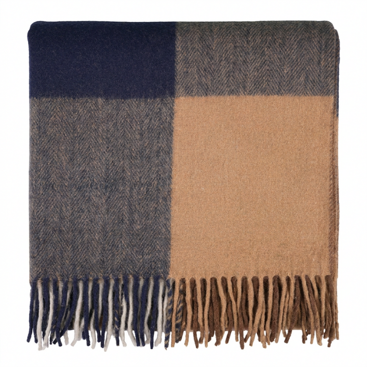 Highland Earth Tone Block Check Recycled Wool Blend Blanket - CAMEL NAVY