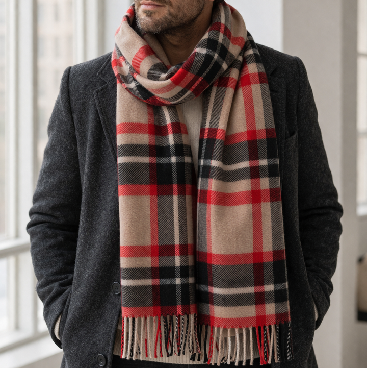 100% Lambswool Scarf – Traditional Tartan &amp; Check Designs - Made in Scotland - Abstract Camel/Red