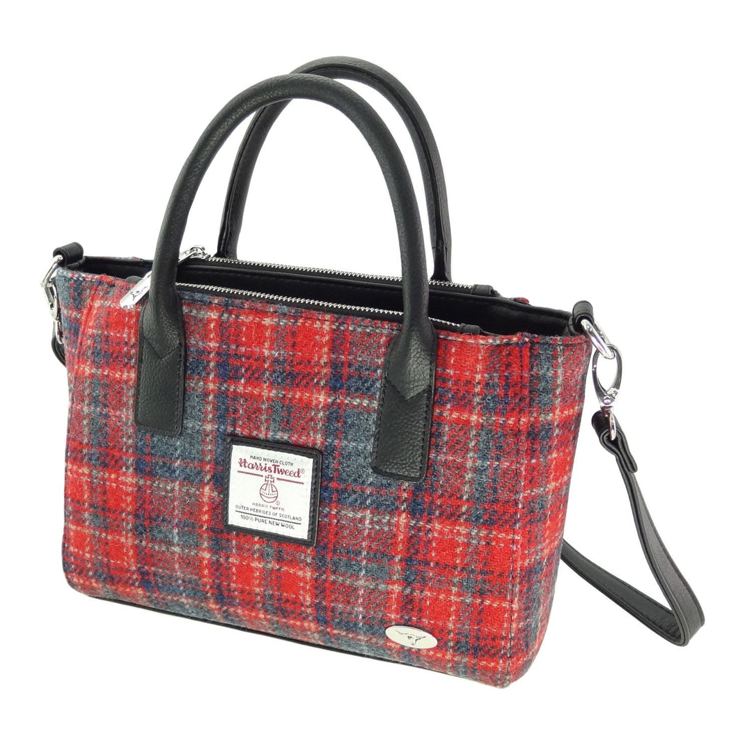 Harris Tweed Brora Small Tote - Compact Wool Tote Bag - Red &amp; Grey Tartan (COL158)