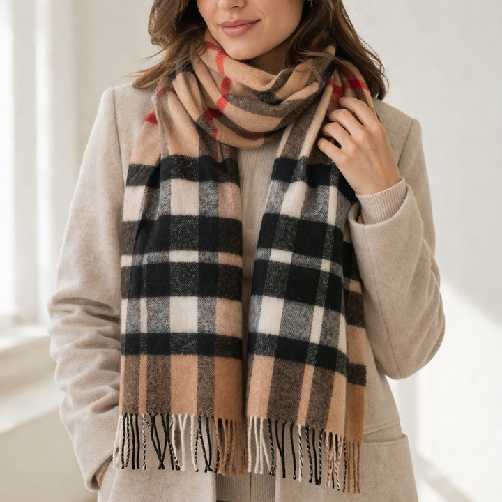 100% Lambswool Scarf – Traditional Tartan &amp; Check Designs - Made in Scotland - Exploded Thomson Camel