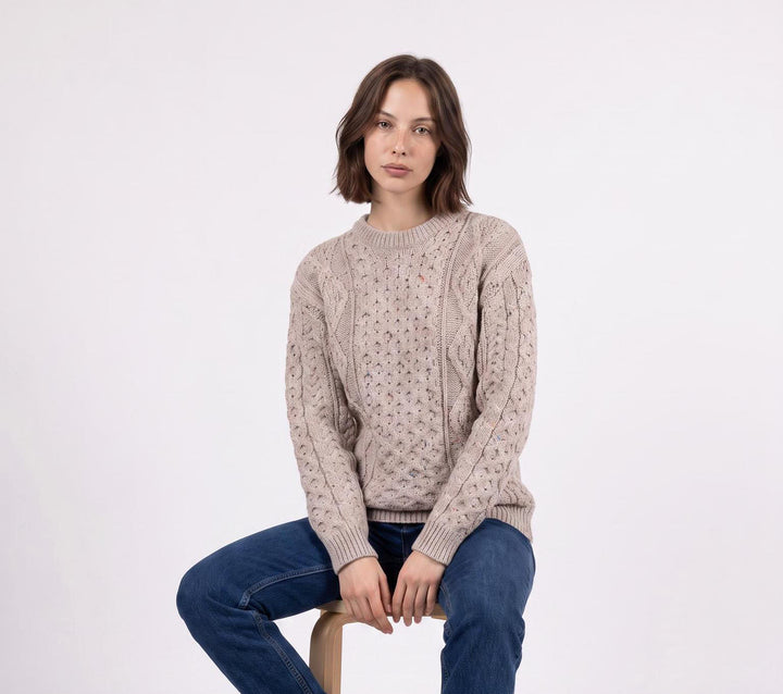 Unisex Speckled Beige 100% Wool Aran Cable Knit Crew Neck Jumper – Made in Ireland | Skiddaw