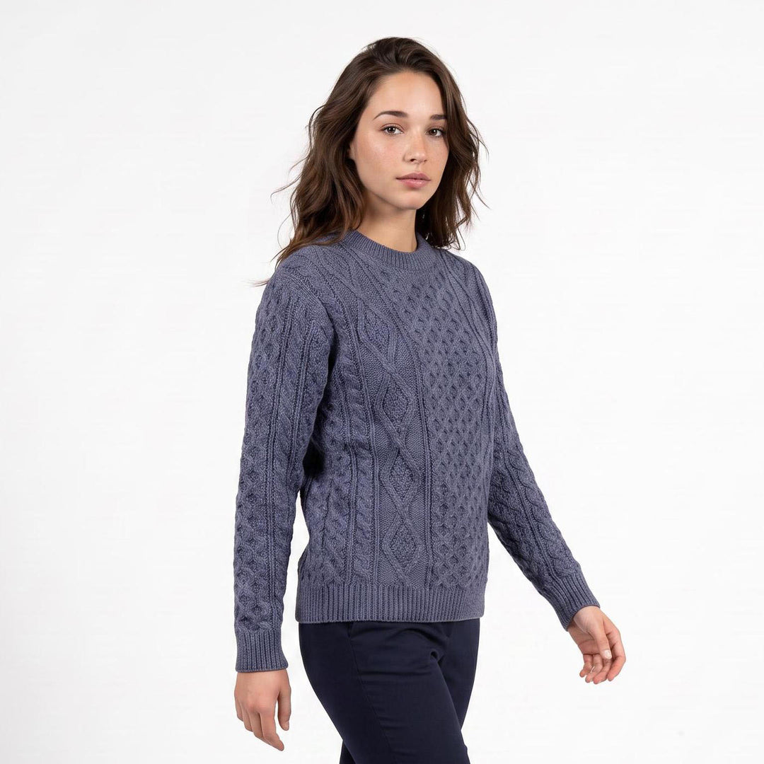 Unisex  Blue 100% Wool Aran Cable Knit Crew Neck Jumper – Made in Ireland | Denim