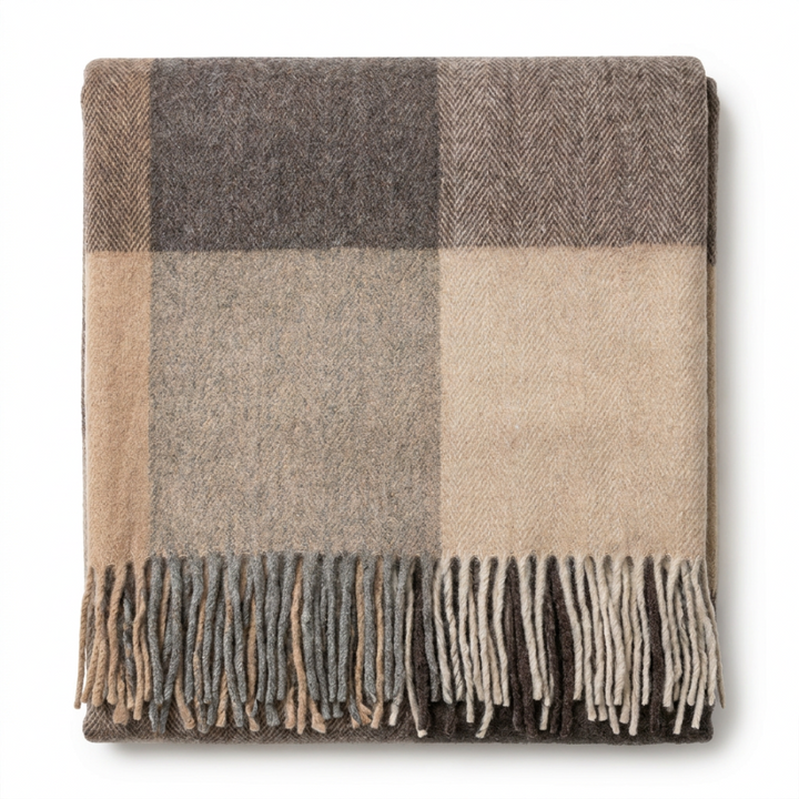Highland Earth Tone Block Check Recycled Wool Blend Blanket - SOFT STONE