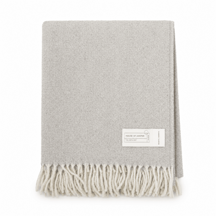 Recycled Wool Herringbone Blanket with Fringe - Soft Warm Throw - OYSTER GREY