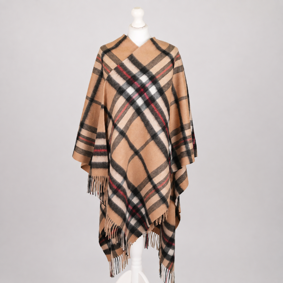Edinburgh Long Lambswool Tartan Cape – Premium Plaid Wrap - Enlarged Off CTR Scotty Thomson Camel