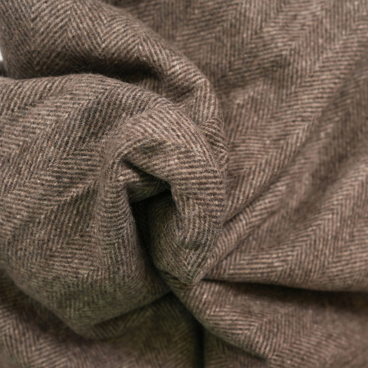 Highland Herringbone Wool Blend Throw Blanket with Tasselled Fringe - DEEP BROWN