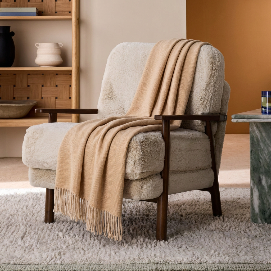 Highland Herringbone Wool Blend Throw Blanket with Tasselled Fringe - CINNAMON LATTE