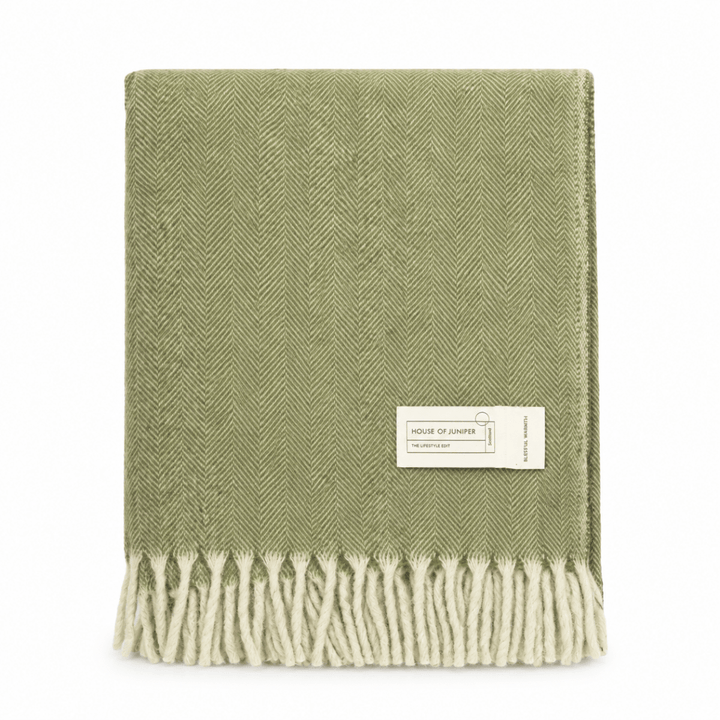 Recycled Wool Herringbone Blanket with Fringe - Soft Warm Throw - GREEN