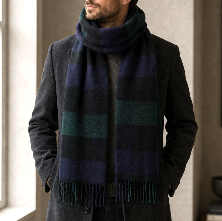 100% Lambswool Scarf – Traditional Tartan &amp; Check Designs - Made in Scotland - 5 Square Tartan - Blue/Green