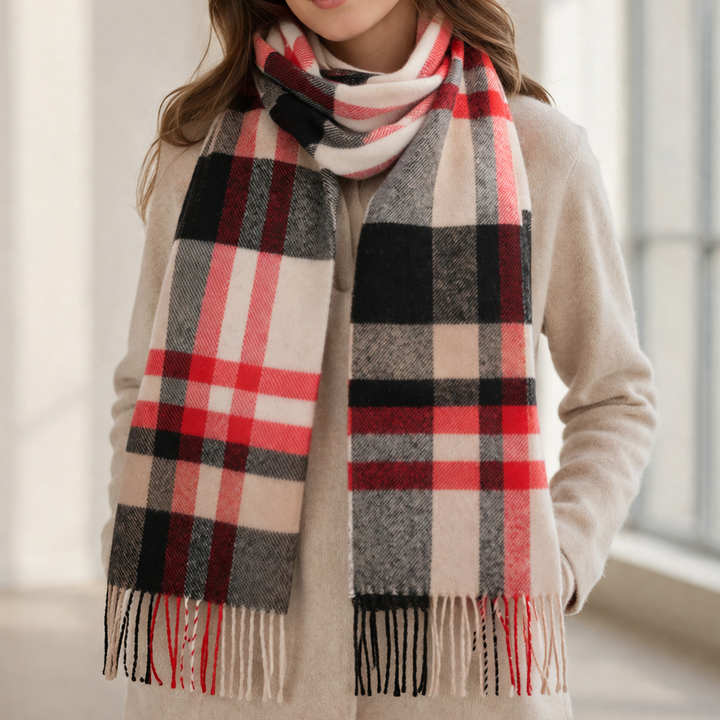100% Lambswool Scarf – Traditional Tartan &amp; Check Designs - Made in Scotland - Fashion Check Camel