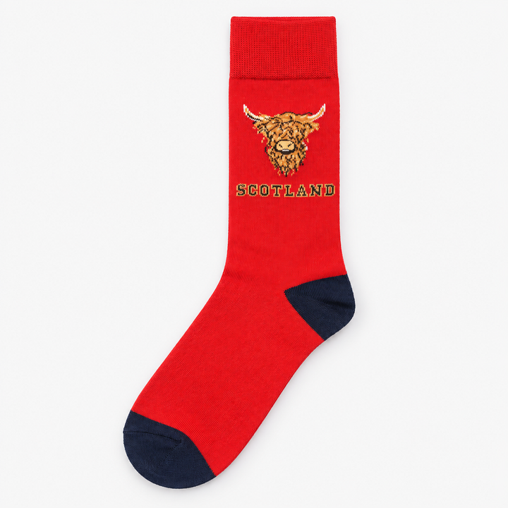 Men’s Luxury Bamboo Socks – Soft, Breathable &amp; Stylish Everyday Comfort - HIGHLAND COW HEAD SCOTLAND RED