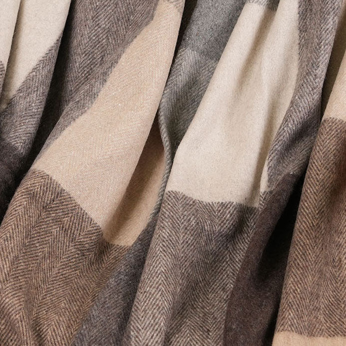 Highland Earth Tone Block Check Recycled Wool Blend Blanket - SOFT STONE