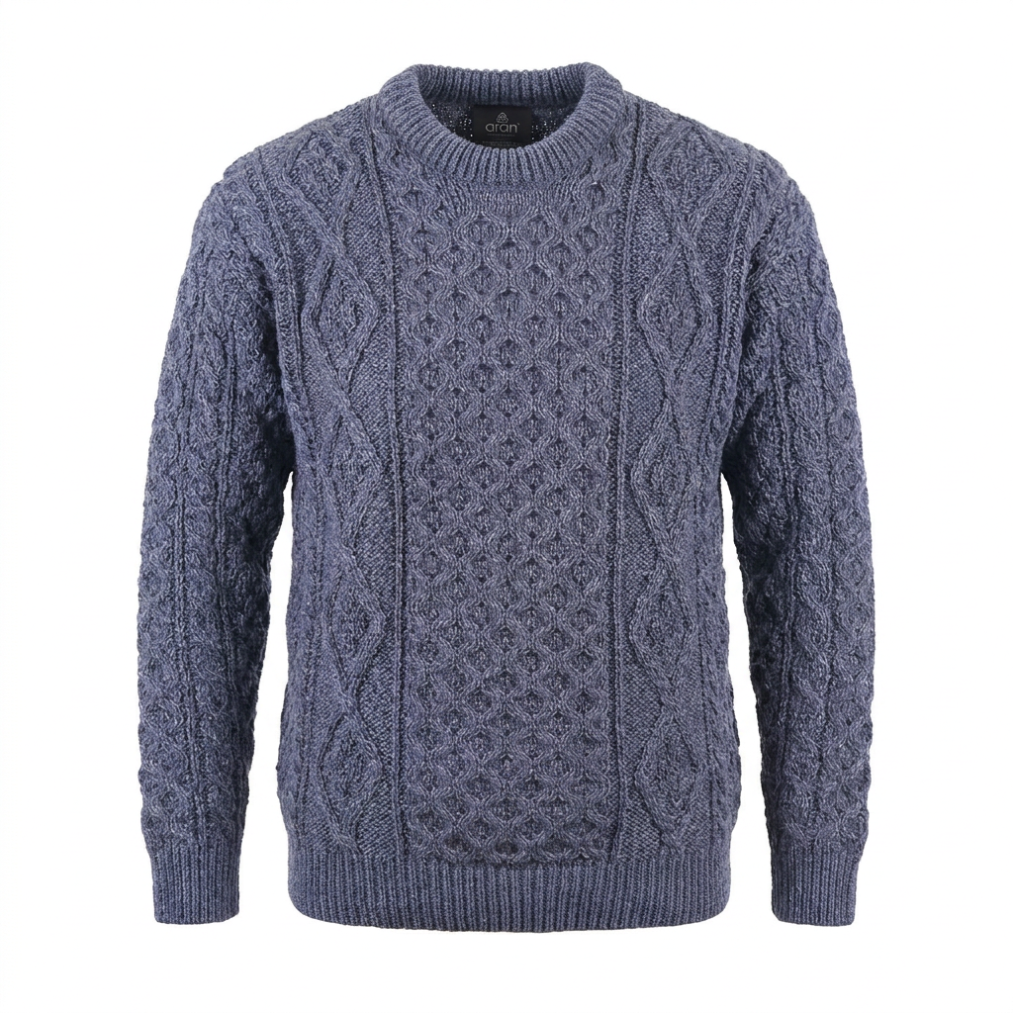 Unisex  Blue 100% Wool Aran Cable Knit Crew Neck Jumper – Made in Ireland | Denim