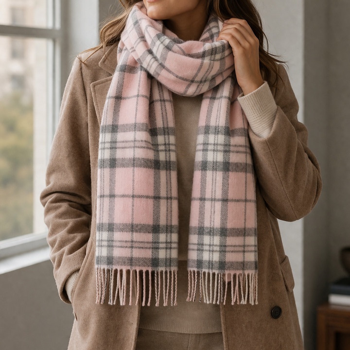 100% Lambswool Scarf – Traditional Tartan &amp; Check Designs - Made in Scotland - Thomson Pink