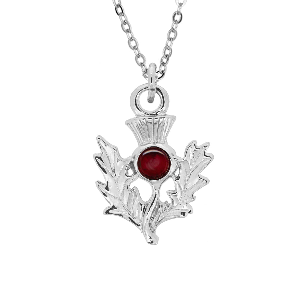 Art Pewter Scottish Thistle Birthstone Pendant - Silver Plated Pewter - Made in Scotland - January (Garnet)