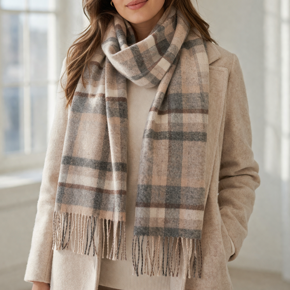 100% Lambswool Scarf – Traditional Tartan &amp; Check Designs - Made in Scotland - Abstract Natural