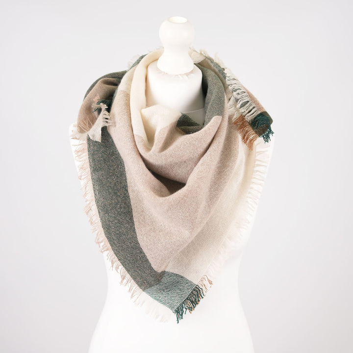 Earthy Block 100% Cashmere Square Scarf - FOREST GREEN