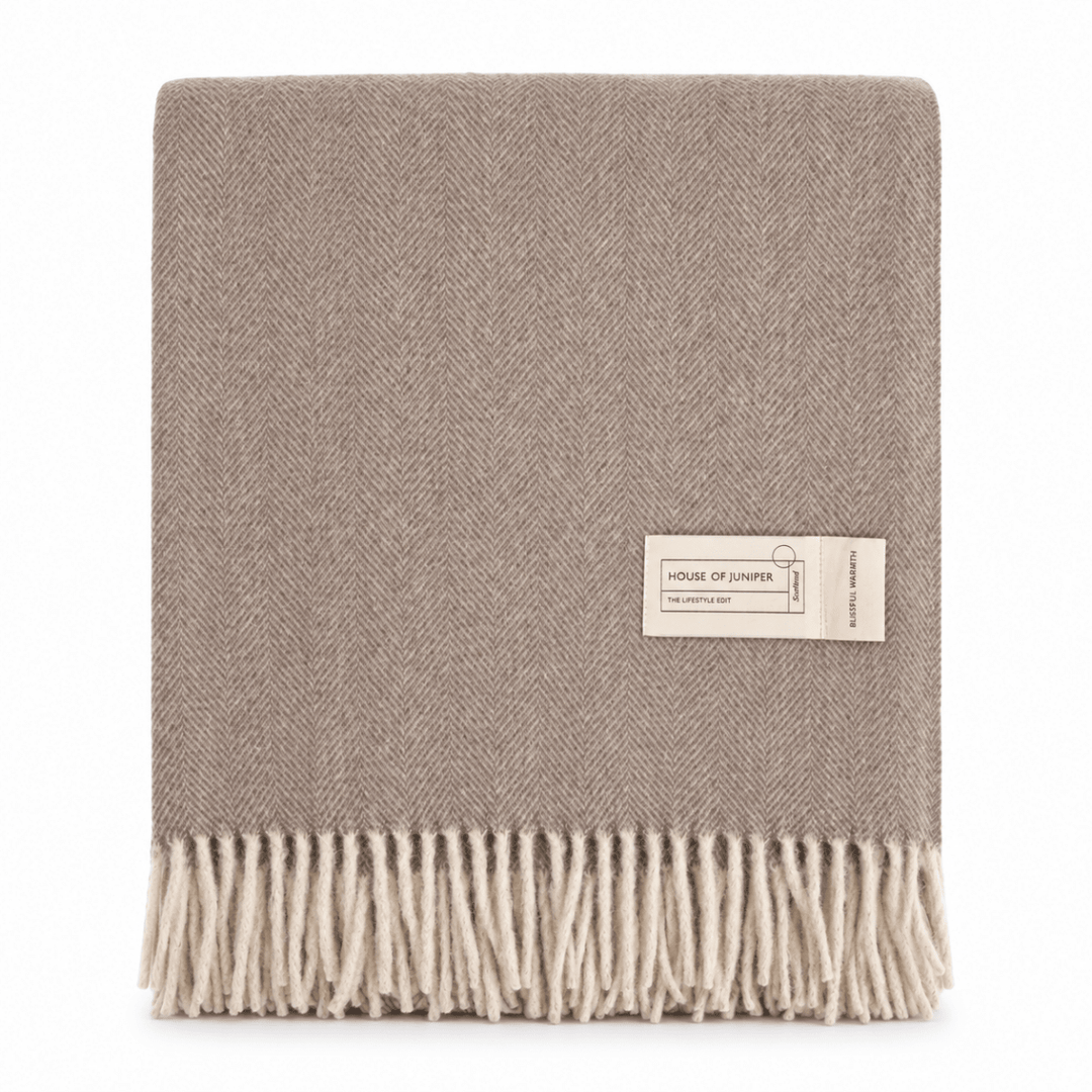 Recycled Wool Herringbone Blanket with Fringe - Soft Warm Throw - TAUPE