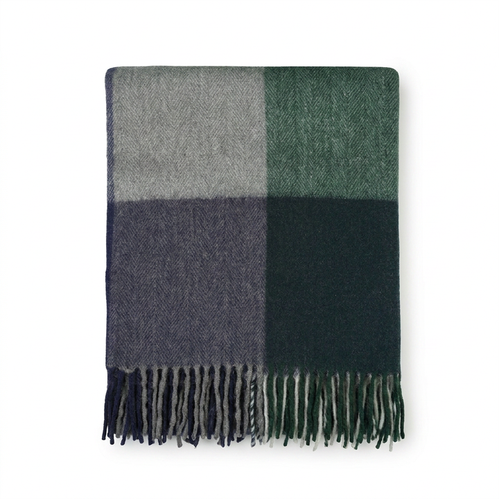 Highland Earth Tone Block Check Recycled Wool Blend Blanket - GREEN NAVY