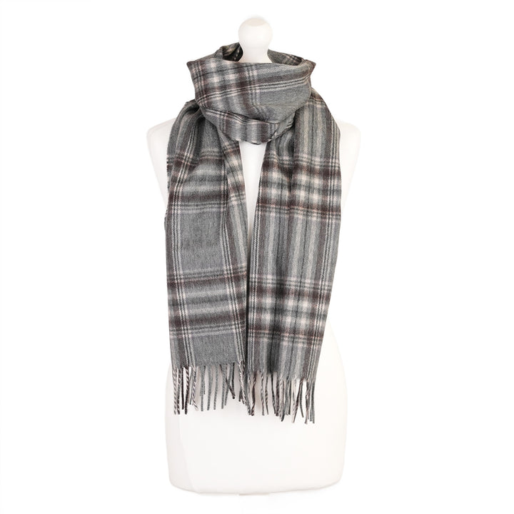 Balmoral 100% Cashmere Woven Scarf Tartan and Checks - Made in Scotland - GREY LILAC