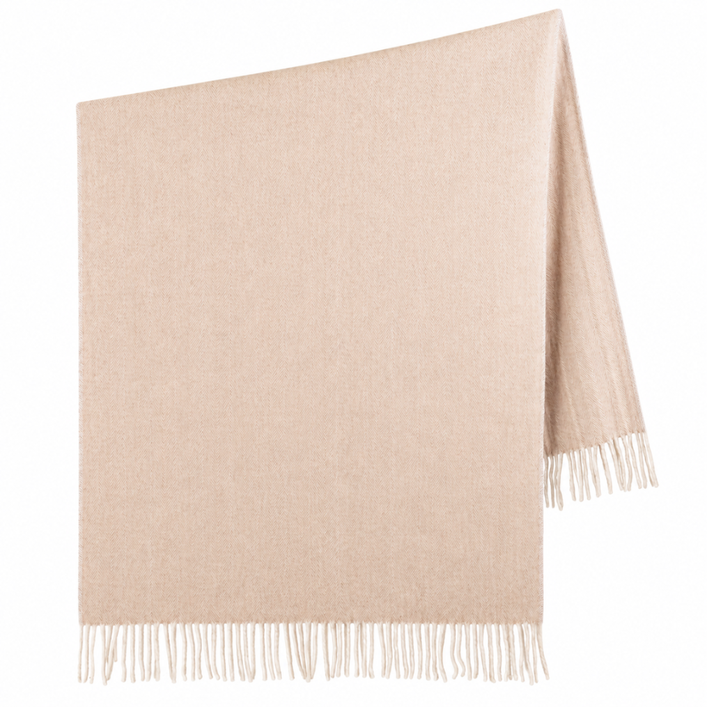 Recycled Wool Herringbone Knee Blanket – Pastel Fringed Throw - SAND BEIGE/NATURAL