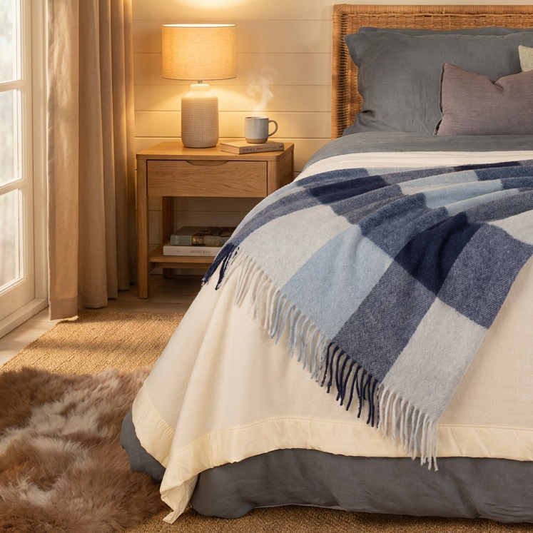 The Cosy Check – Recycled Wool Block-Check Herringbone Blanket - LIGHT BLUE