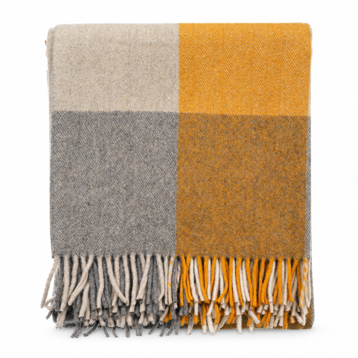 The Cosy Check – Recycled Wool Block-Check Herringbone Blanket - NATURAL OCHRE