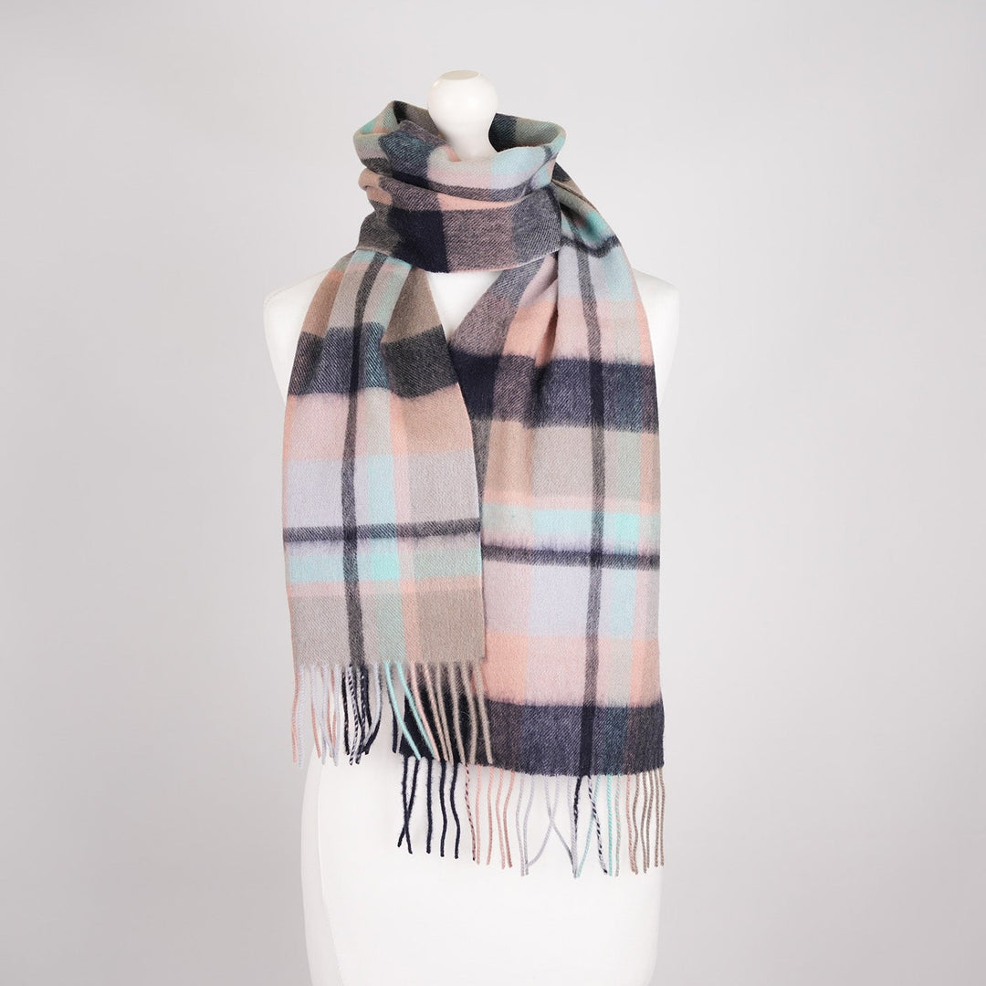 Edinburgh 100% Lambswool Scarf – Premium Soft Wool Wrap - Myriad Check - Navy/Greige/Light Blue