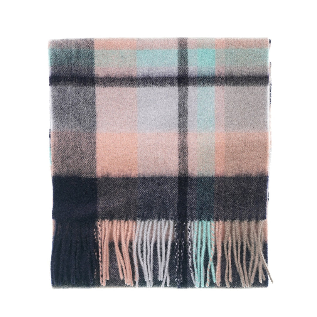 Edinburgh 100% Lambswool Scarf – Premium Soft Wool Wrap - Myriad Check - Navy/Greige/Light Blue