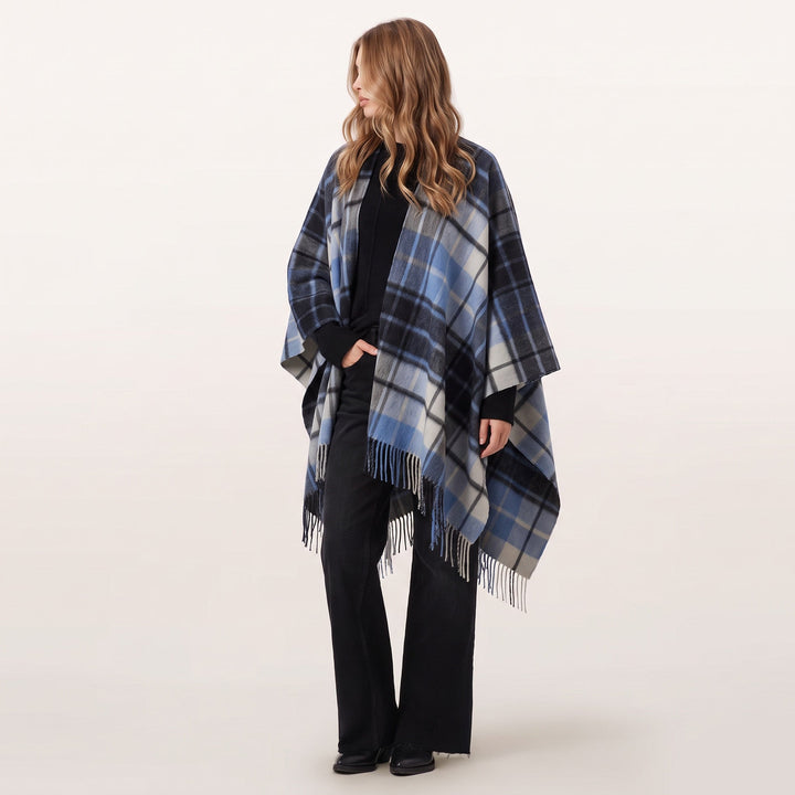 Edinburgh Lambswool Long Tartan Cape - Premium Plaid Wrap - Mill Check Eclipse