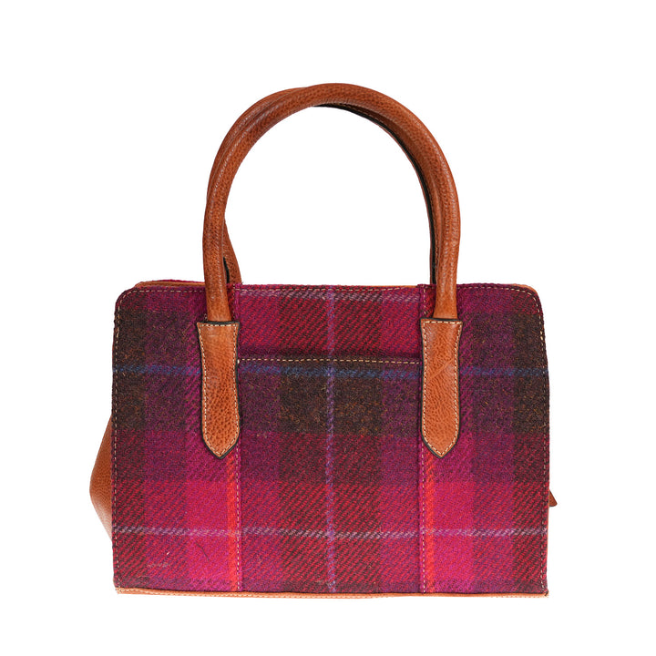 Ladies Harris Tweed Leather Hand Bag Cerise Check / Tan