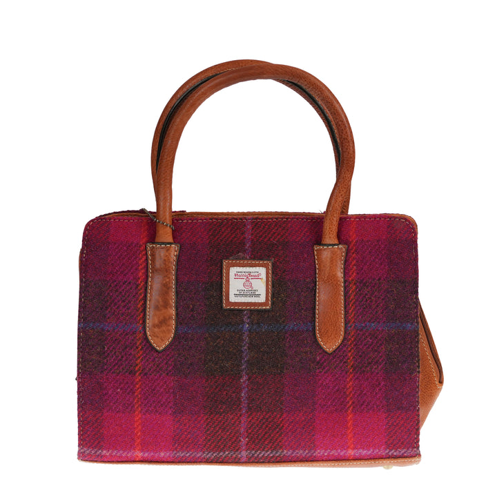 Ladies Harris Tweed Leather Hand Bag Cerise Check / Tan