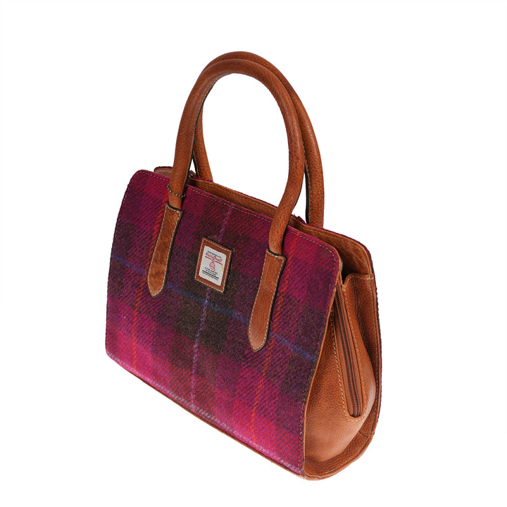 Ladies Harris Tweed Leather Hand Bag Cerise Check / Tan