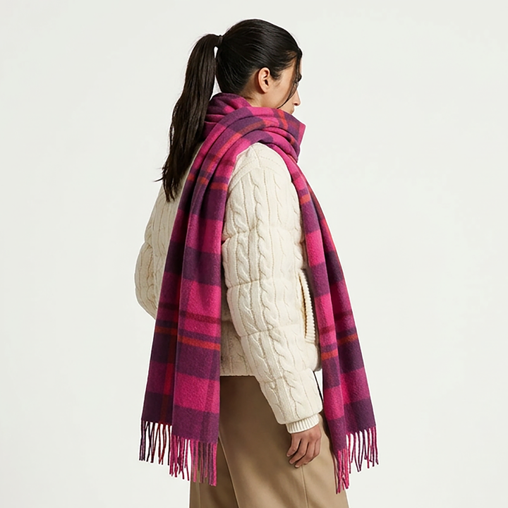 Heritage of Scotland 100% Lambswool Wide Scarf Soft Unisex Winter Wrap - Tartan &amp; Check Designs - Medieval Check - Cyclamen Pink and Eminence