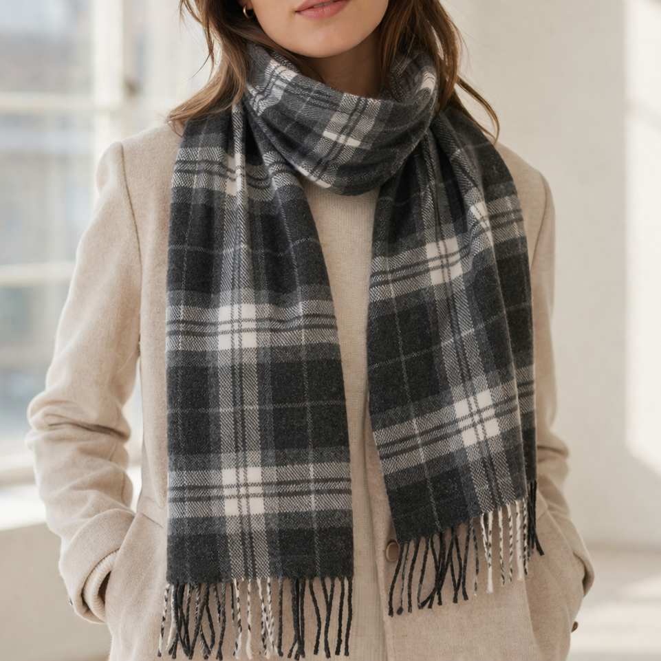 100% Lambswool Scarf – Traditional Tartan &amp; Check Designs - Made in Scotland - Thomson Charcoal