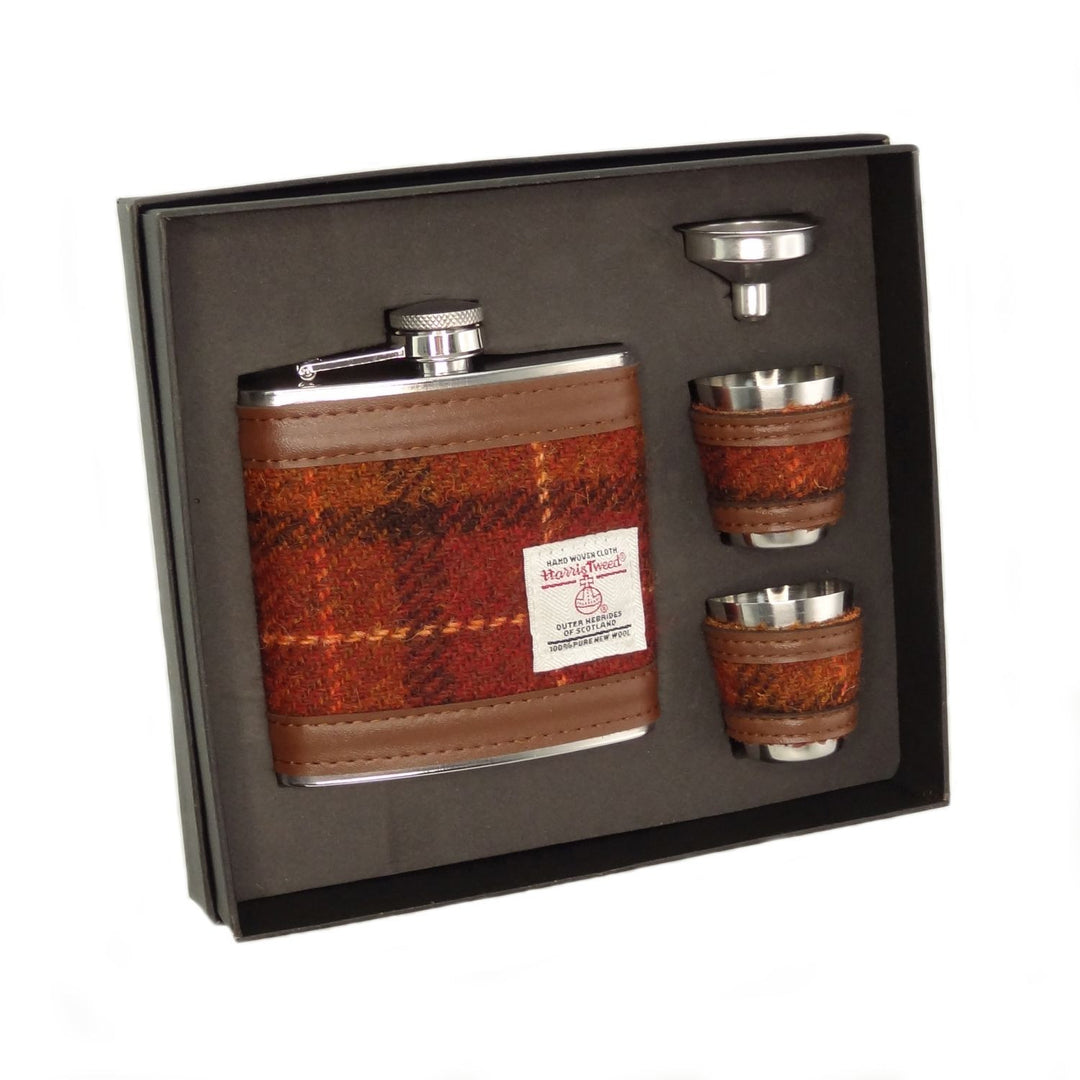 Harris Tweed 6oz Hip Flask Gift Set – Flask, Funnel and Cups - Rust with Orange Overcheck (COL117)