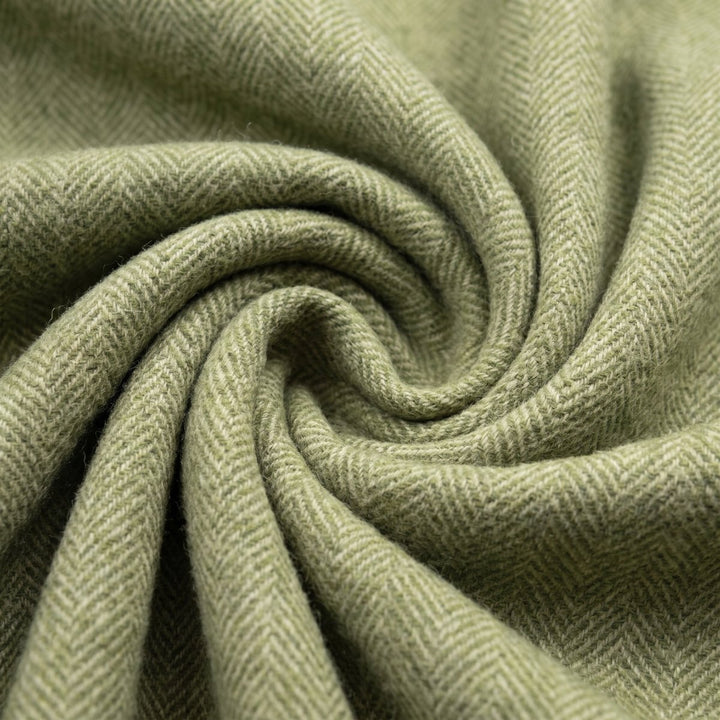 Recycled Wool Herringbone Blanket with Fringe - Soft Warm Throw - GREEN