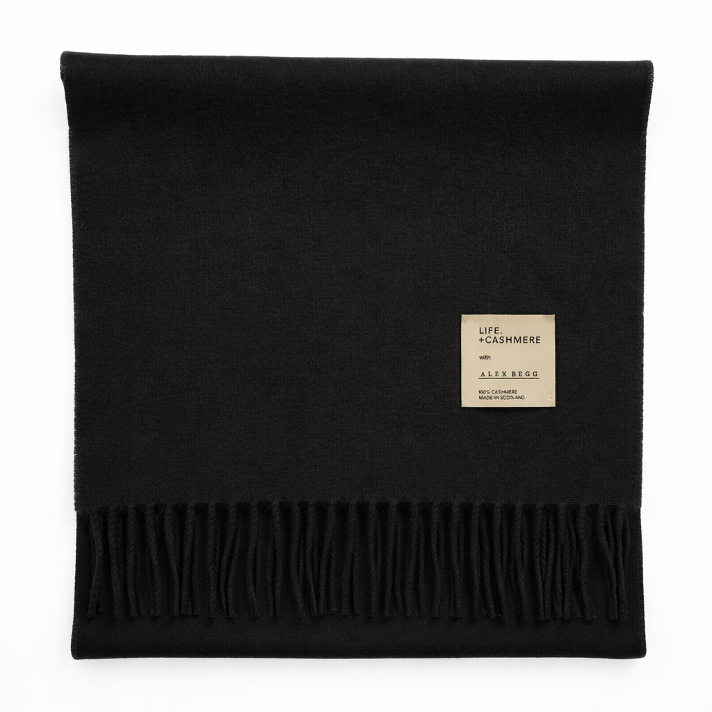 Balmoral 100% Cashmere Woven Scarf Tartan and Checks - Made in Scotland - PLAIN BLACK