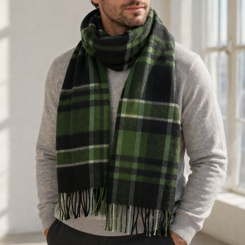 100% Lambswool Scarf – Traditional Tartan &amp; Check Designs - Made in Scotland - Amy Green Black