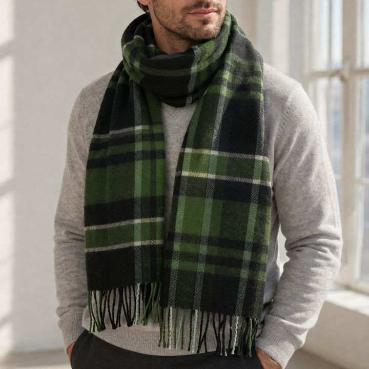 100% Lambswool Scarf – Traditional Tartan &amp; Check Designs - Made in Scotland - Amy Green Black