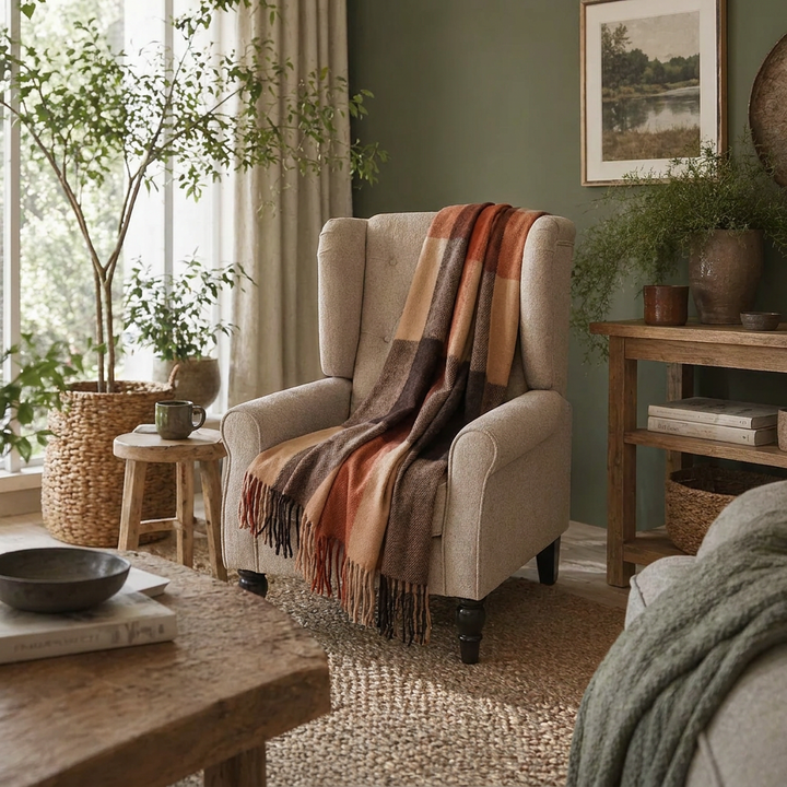 Highland Earth Tone Block Check Recycled Wool Blend Blanket - HOT SAUCE