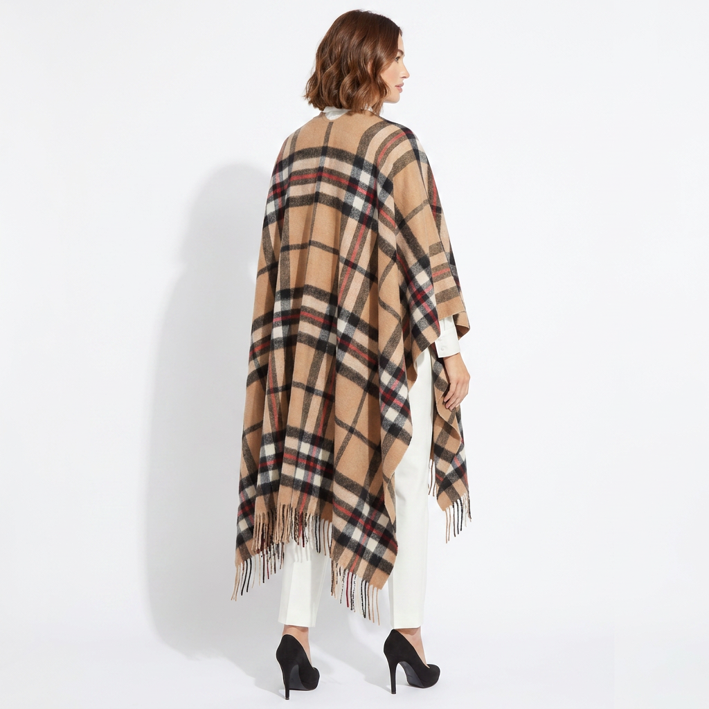 Edinburgh Long Lambswool Tartan Cape – Premium Plaid Wrap - Enlarged Off CTR Scotty Thomson Camel