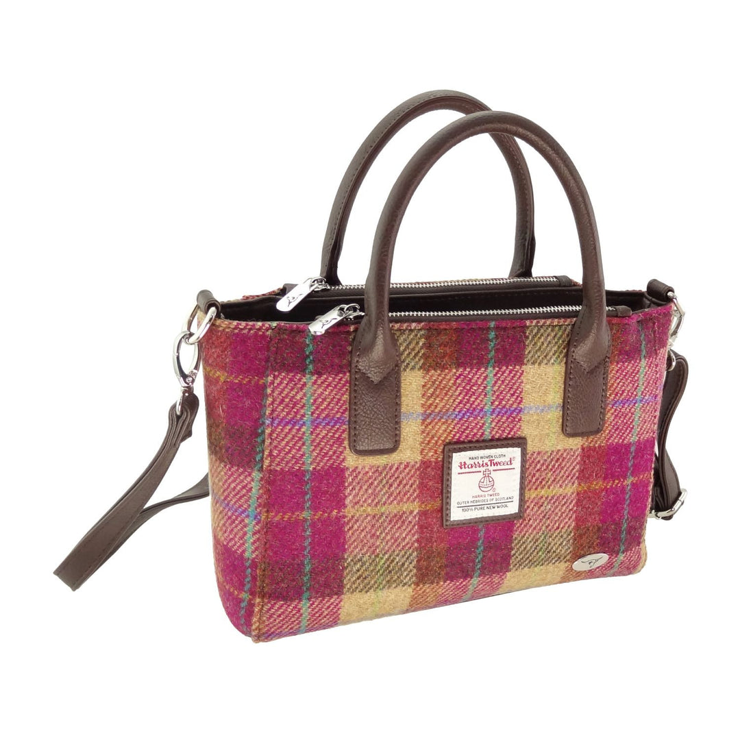 Harris Tweed Brora Small Tote - Compact Wool Tote Bag - Burgundy &amp; Sand Tartan (COL159)