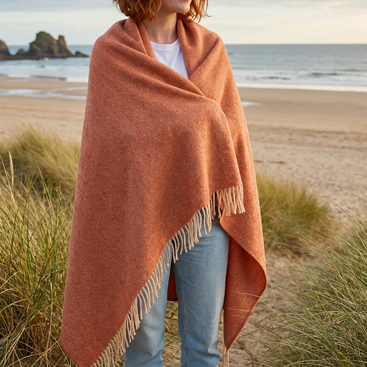 Recycled Wool Herringbone Knee Blanket – Pastel Fringed Throw - SPICE