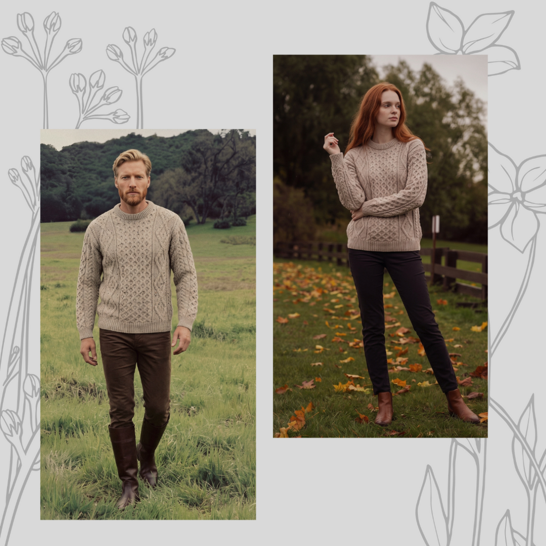 Unisex Speckled Beige 100% Wool Aran Cable Knit Crew Neck Jumper – Made in Ireland | Skiddaw